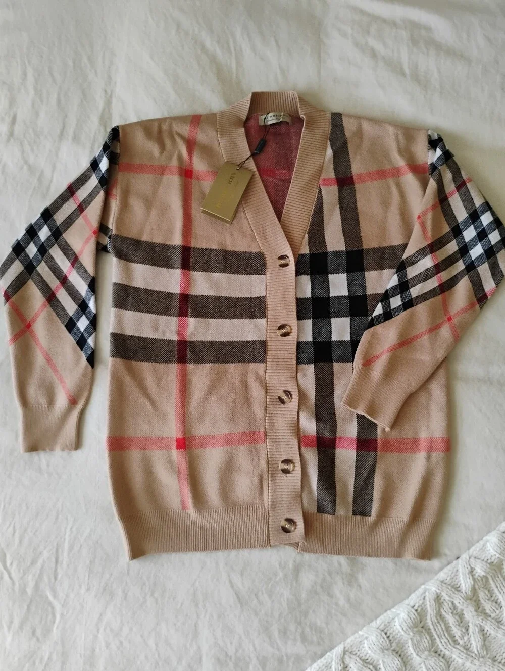 Beige Plaid V-Neck Button Cardigan with Red Accents